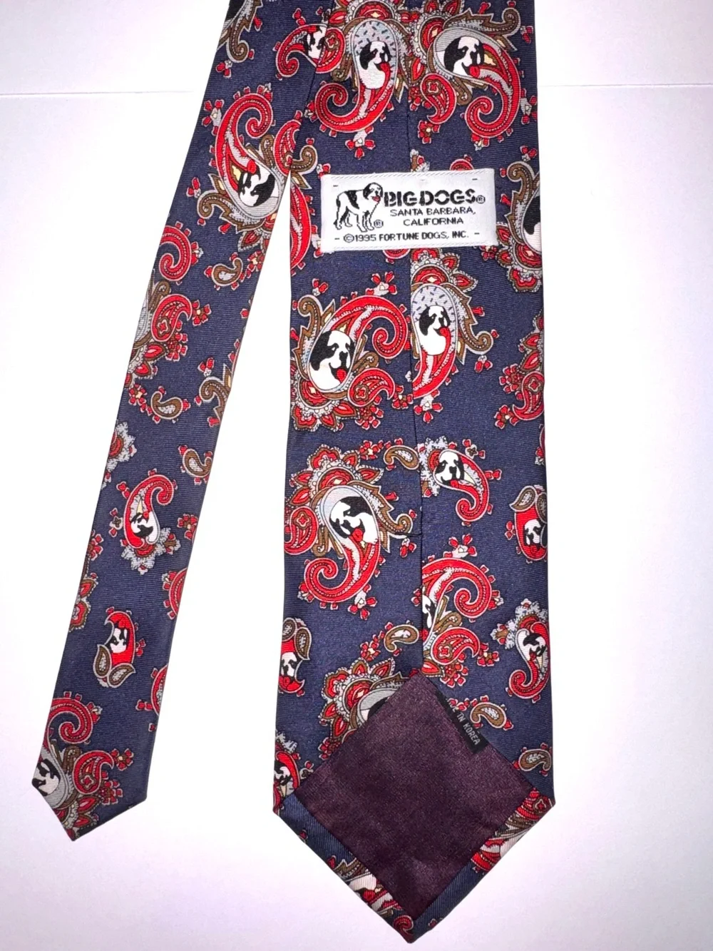 100% Silk Handmade Vintage “Big Dogs” Men's Navy and Red Paisley Patterned Tie